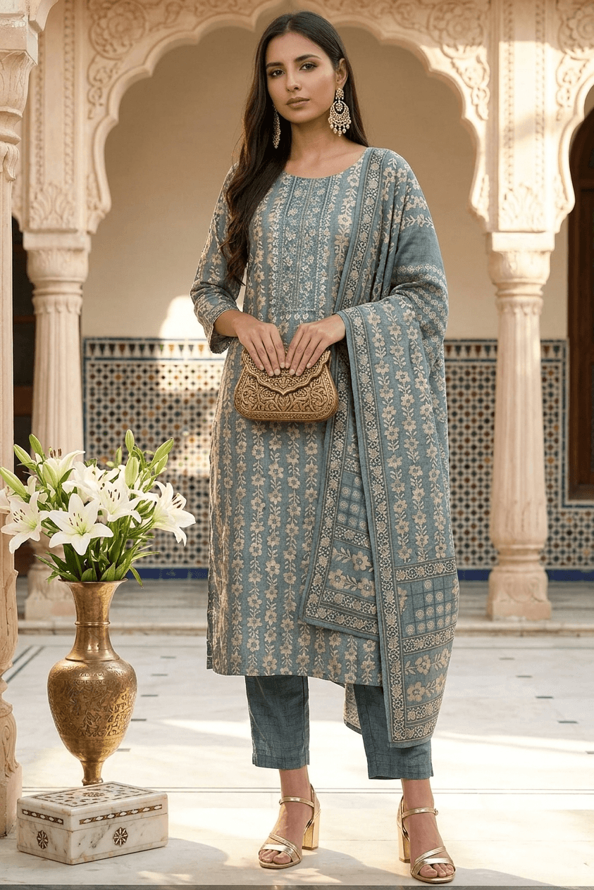 Grey Floral Print Silk Blend Straight Kurta Set with Dupatta