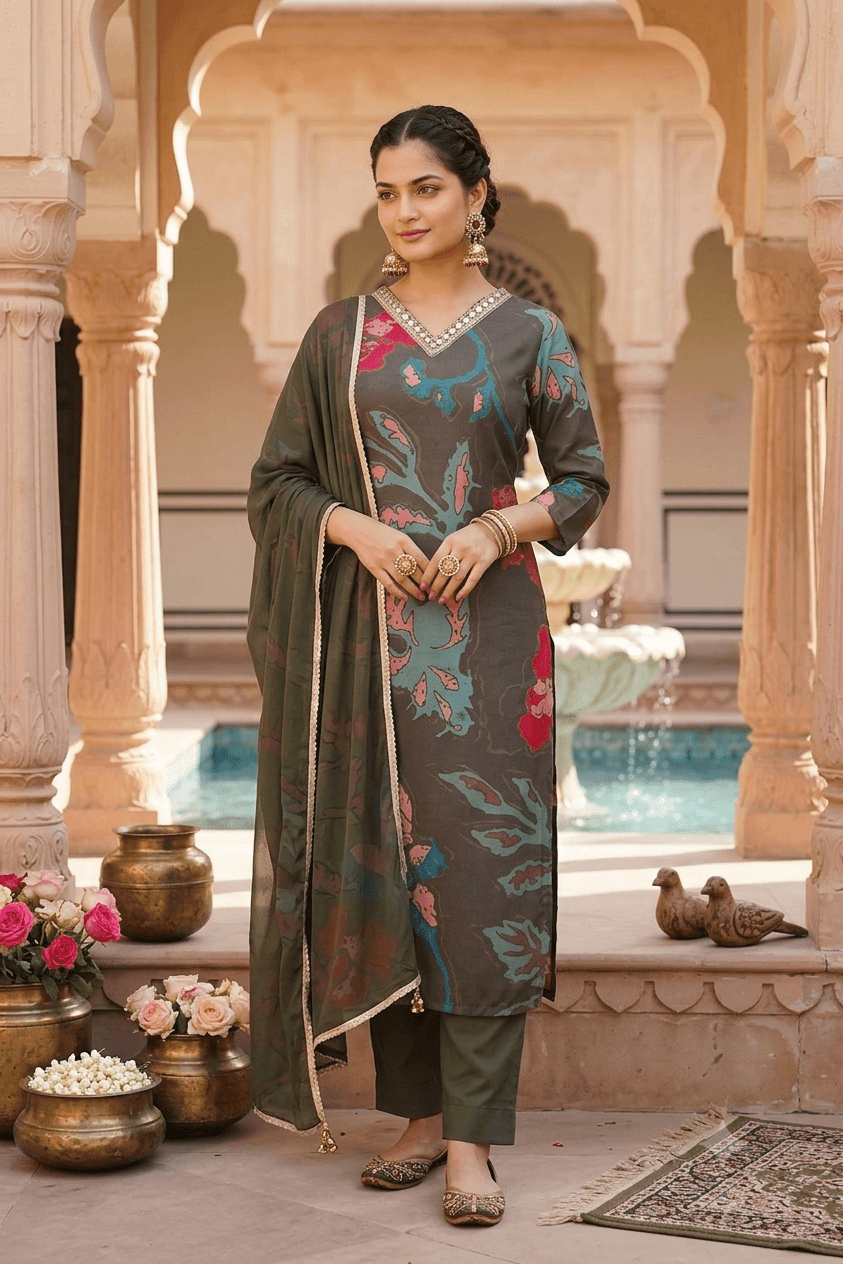 Olive Green Abstract Floral Print Rayon Blend Straight Kurta Set with Dupatta