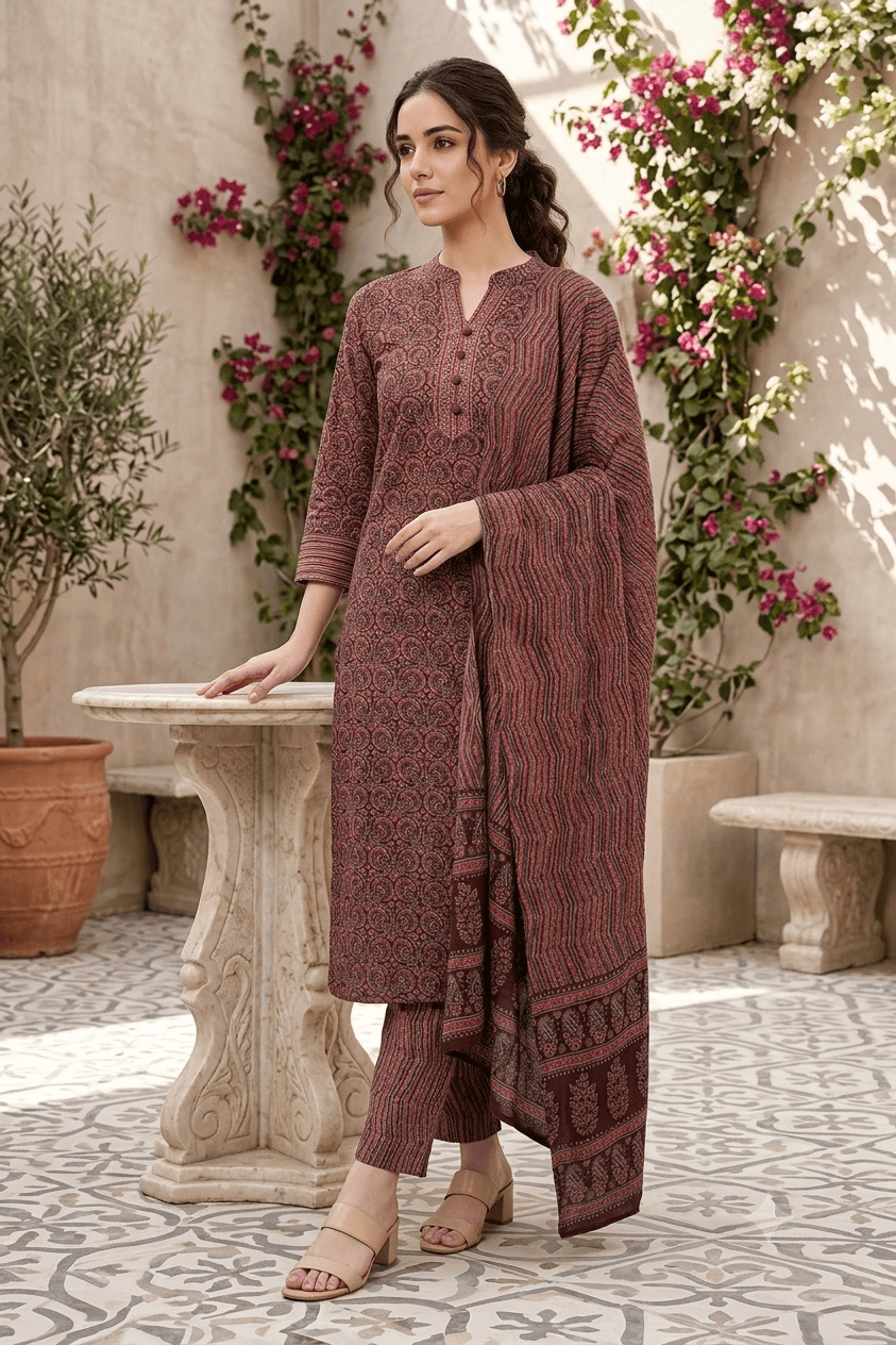 Maroon Ethnic Motif Rayon Blend Straight Kurta Set with Dupatta – Rayon Blend Kurti Sets by Vastraki