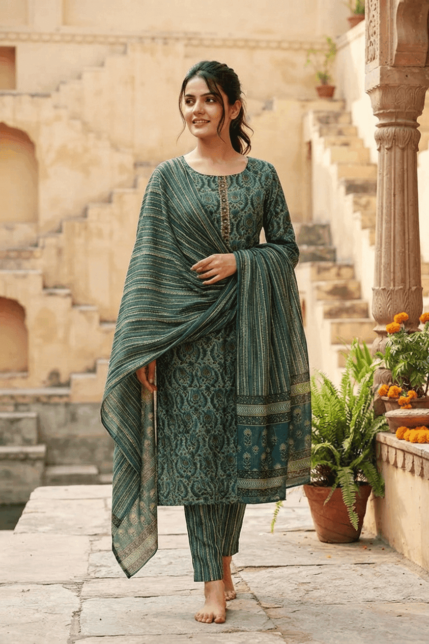 Green Ethnic Motif Print Rayon Blend Straight Kurta Set with Dupatta – Rayon Blend Kurti Sets by Vastraki