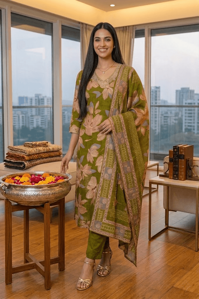 Olive Green Floral Print Viscose Straight Kurta Set with Printed Dupatta