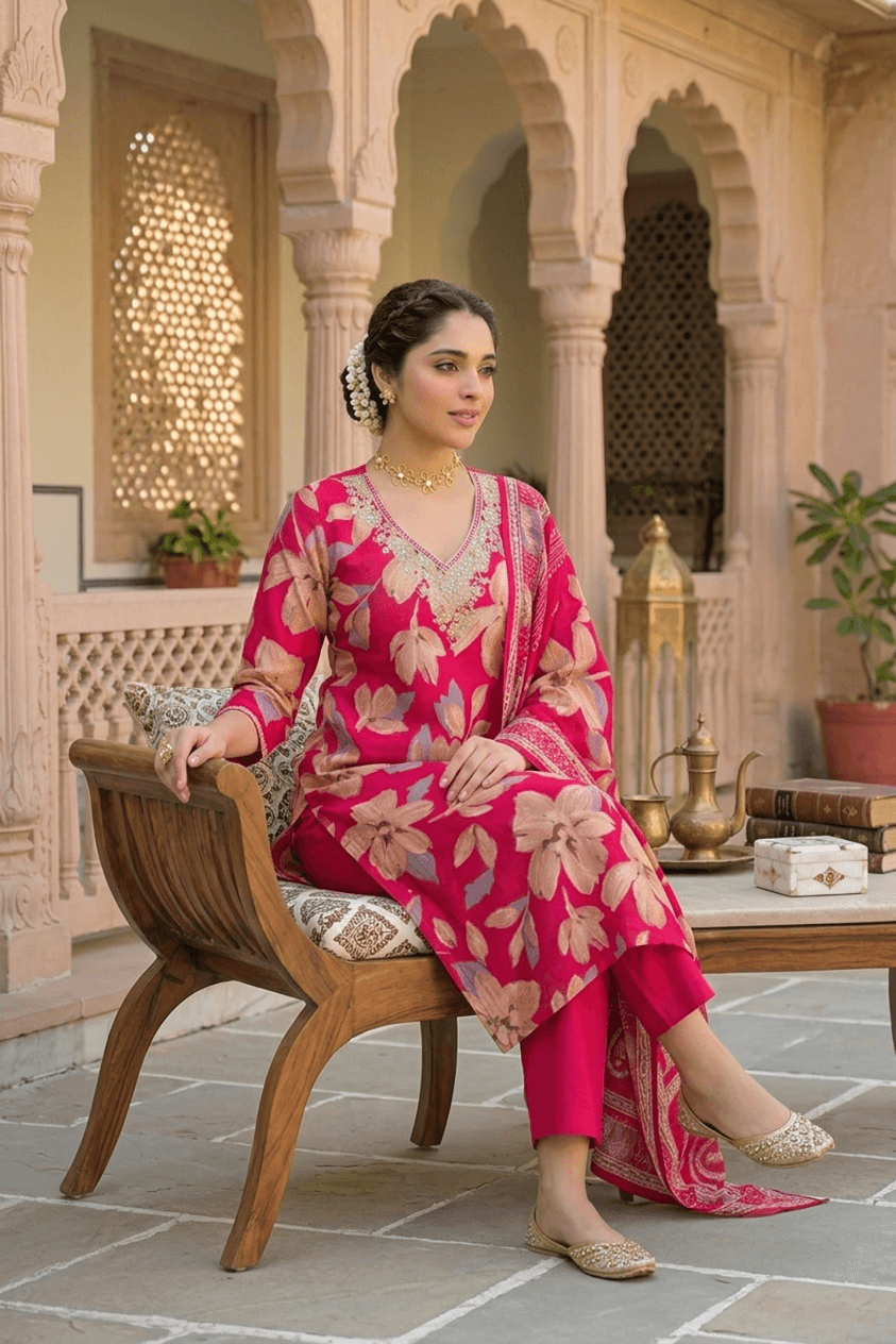 Rose Pink Floral Print Viscose Straight Kurta Set with Printed Dupatta