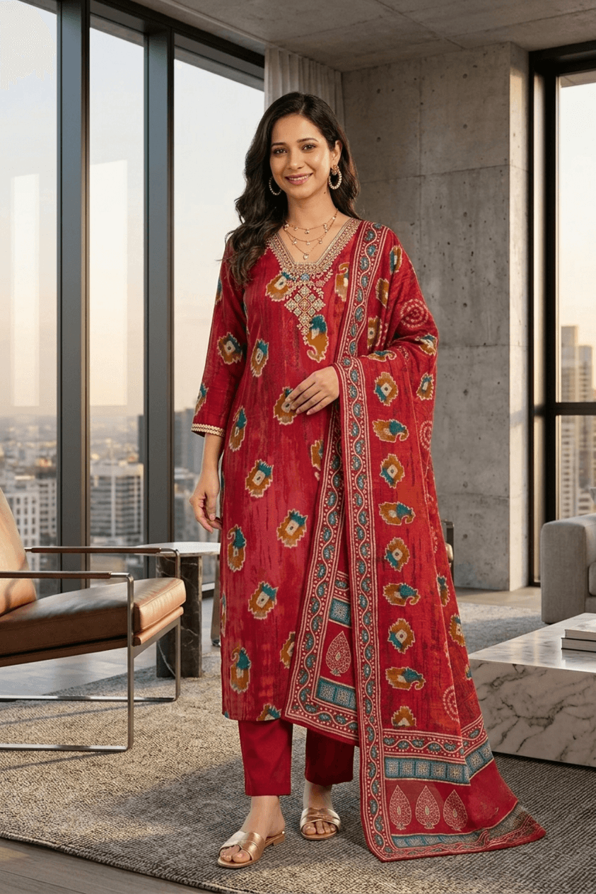 Wine Ethnic Motif Print Viscose Straight Kurta Set with Printed Dupatta