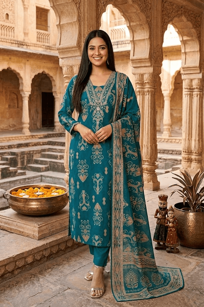 Teal Blue Ikat Print Viscose Rayon Straight Kurta Set with Printed Dupatta