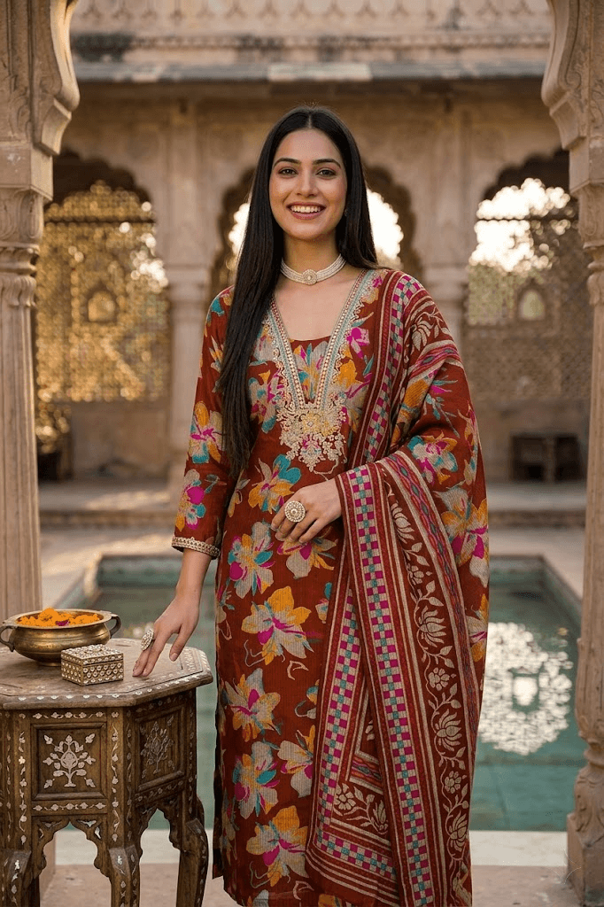 Cocoa Brown Floral Print Viscose Straight Kurta Set with Printed Dupatta