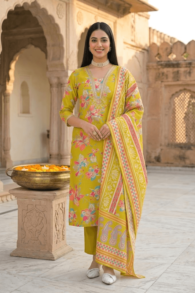 Mustard Yellow Floral Print Viscose Straight Kurta Set with Printed Dupatta