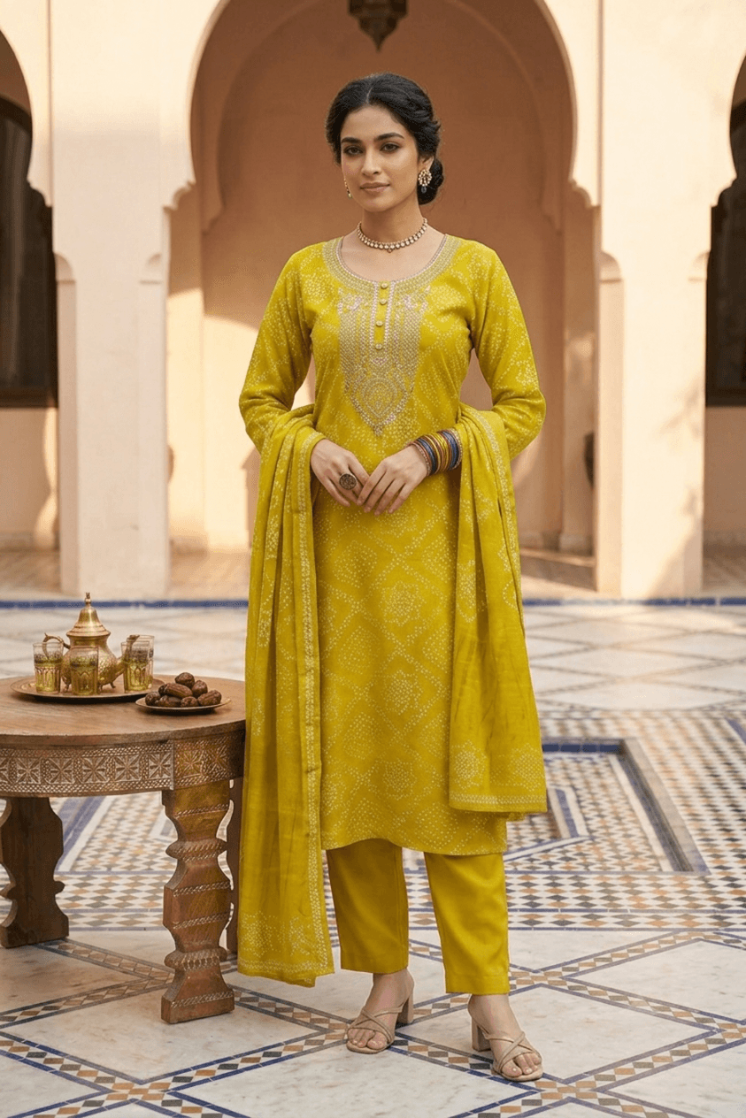 Golden Yellow Bandhani Print Silk Blend Straight Kurta Set with Dupatta