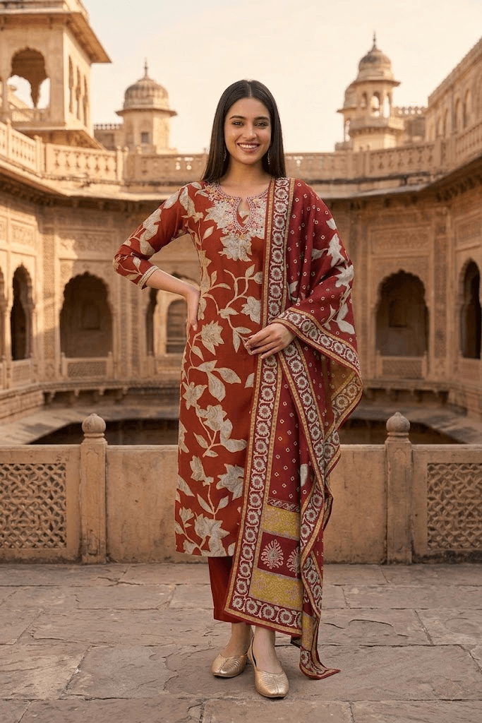 Rust Brown Floral Print Viscose Rayon Straight Kurta Set with Printed Dupatta