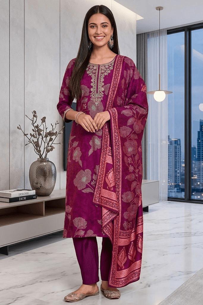 Deep Wine Silk Blend Floral Print Straight Kurta Set with Printed Dupatta