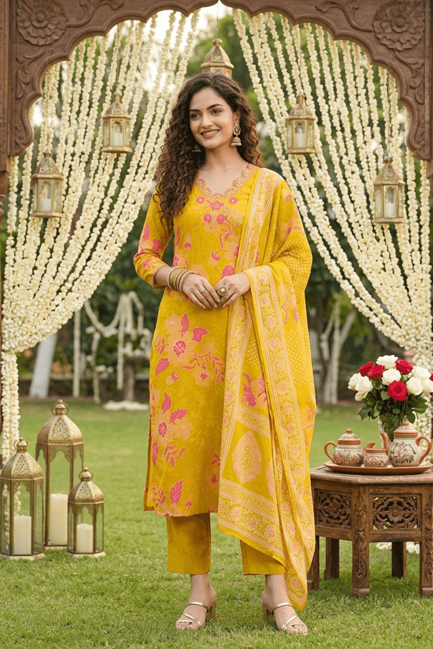 Golden Yellow Floral Print Rayon Blend Straight Kurta Set with Dupatta