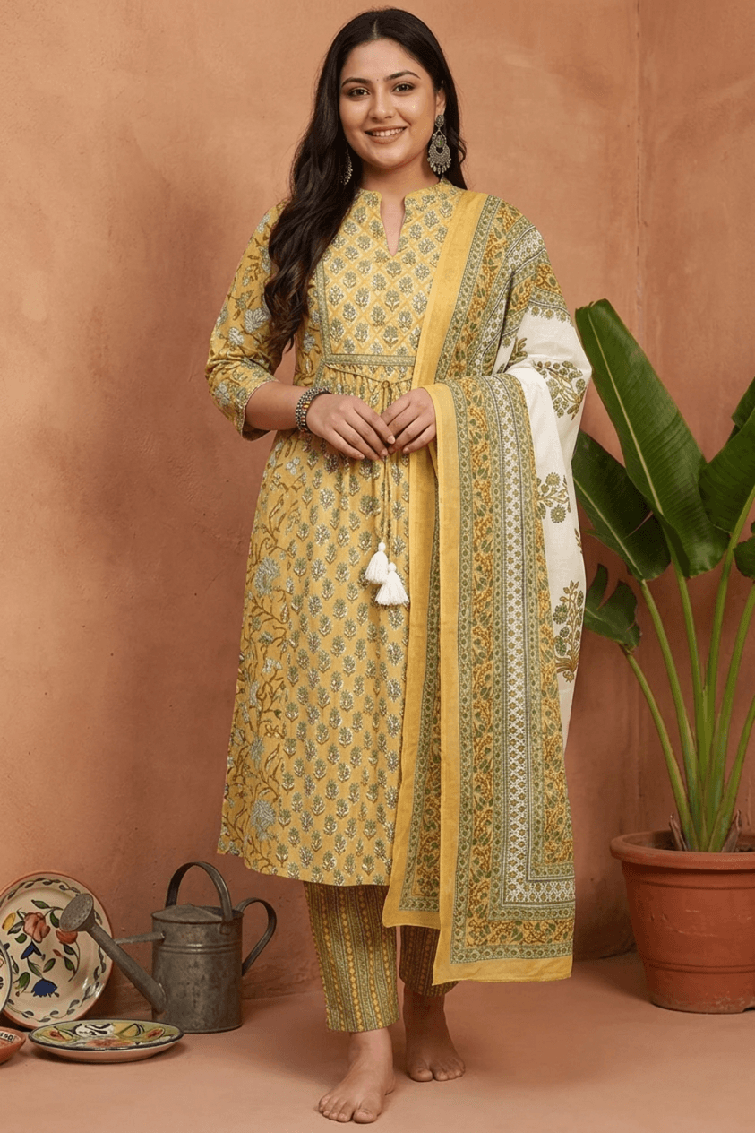 Honey Mustard Floral Print Pure Cotton Anarkali Suit Set with Dupatta