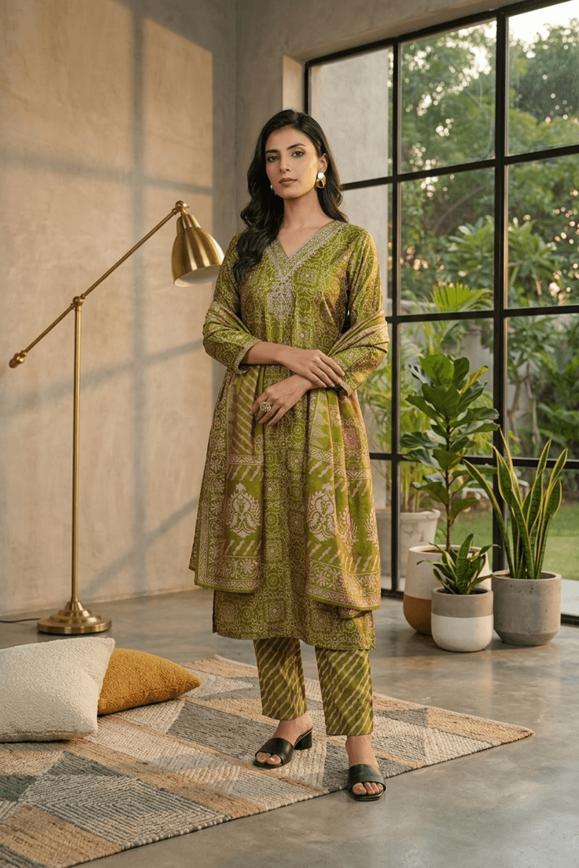 Olive Green Ethnic Motif Print Silk Blend Straight Kurta Set with Dupatta – Silk Blend Kurti Sets by Vastraki