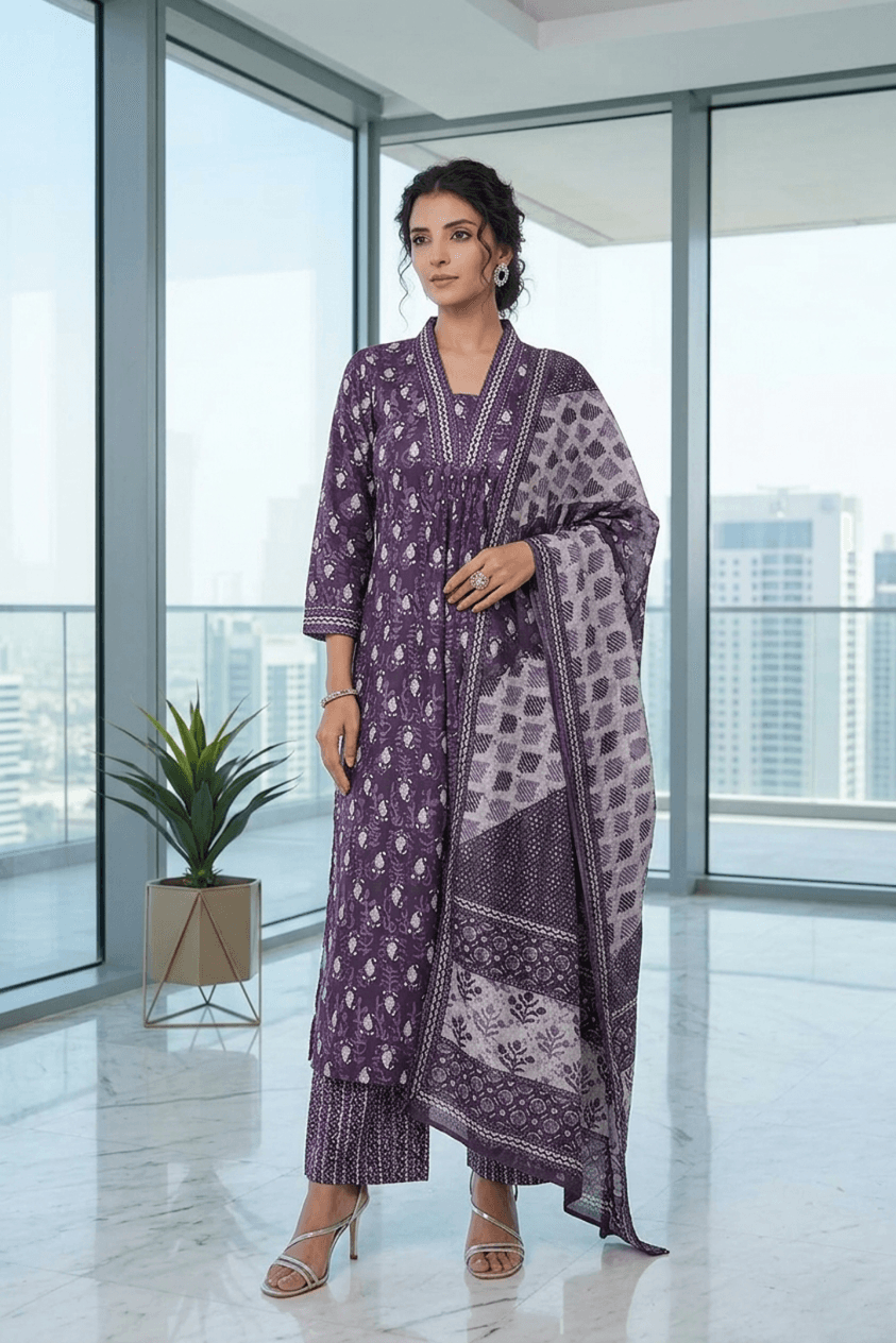 Royal Plum Batik Print Rayon Blend Straight Kurta Set with Palazzo & Dupatta