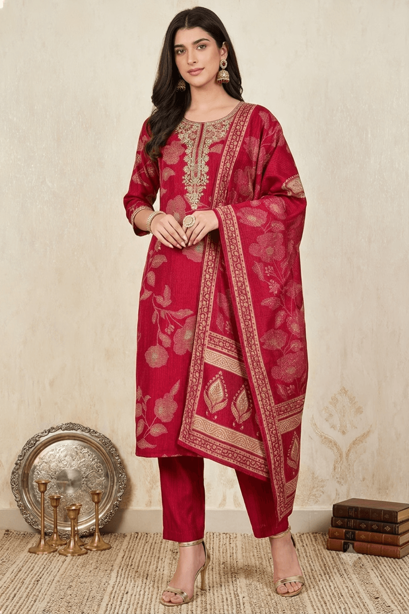 Deep Berry Silk Blend Floral Print Straight Kurta Set with Printed Dupatta
