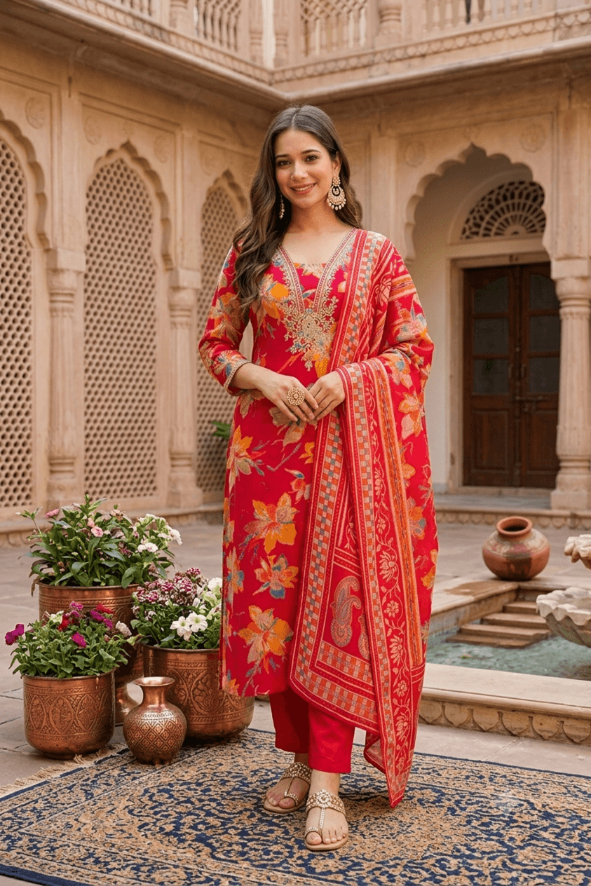 Crimson Red Floral Print Viscose Straight Kurta Set with Printed Dupatta