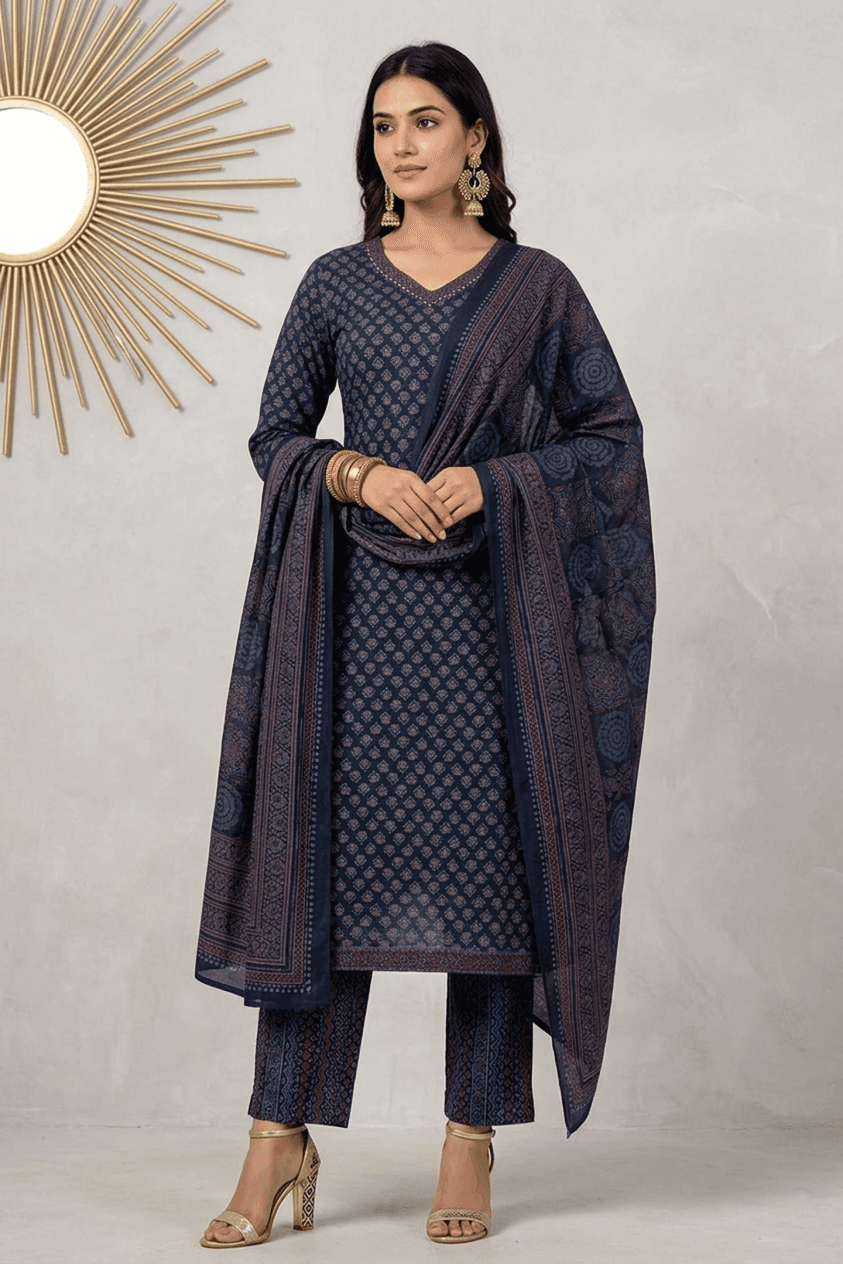 Midnight Navy Ajrakh Print Rayon Blend Straight Kurta Set with Cotton Blend Dupatta – Rayon Kurti Sets by Vastraki