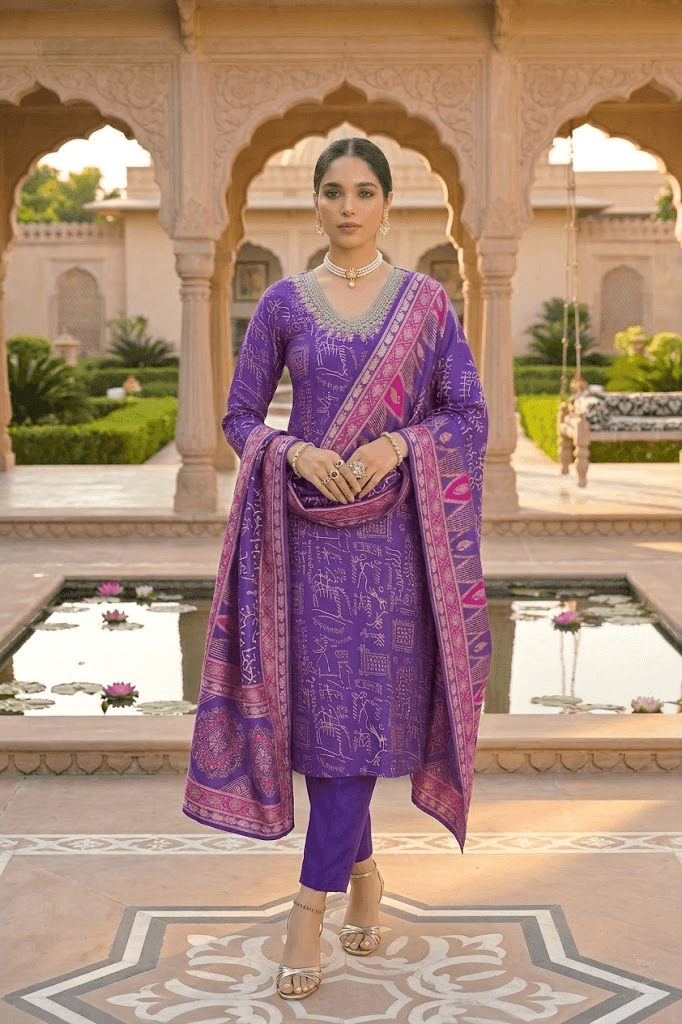 Royal Purple Ethnic Motif Printed Viscose Straight Kurta Set with Trousers & Dupatta