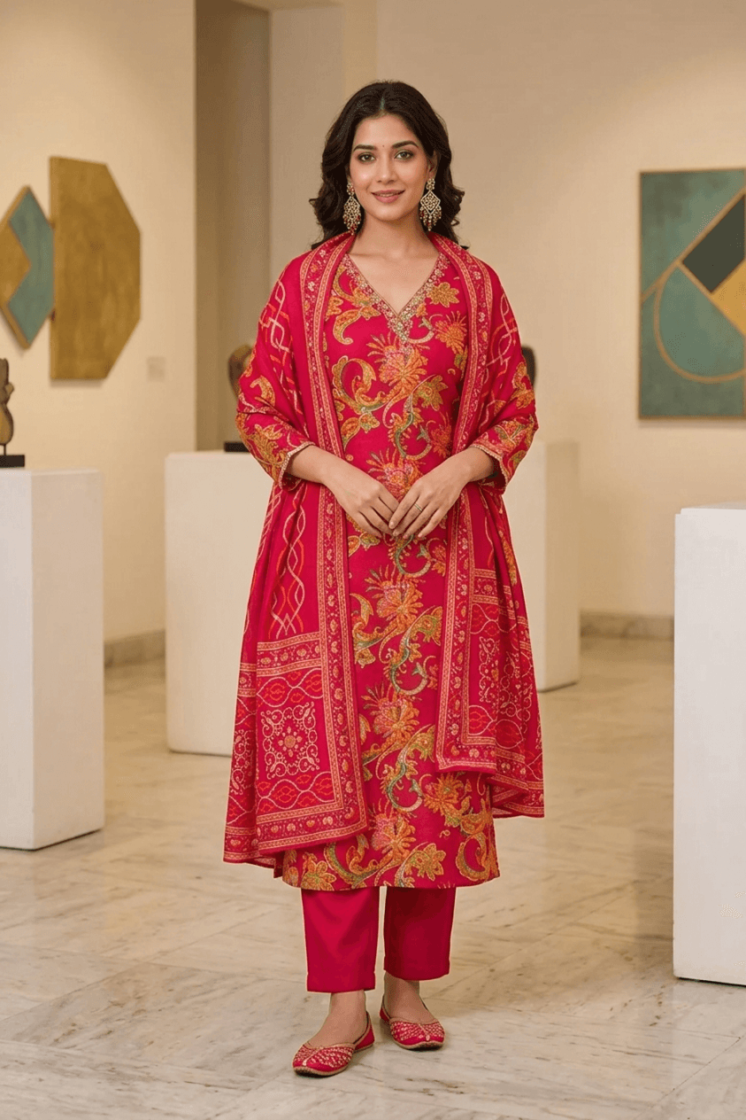 Pink Floral Printed Viscose Rayon Straight Kurta Set with Trousers & Dupatta
