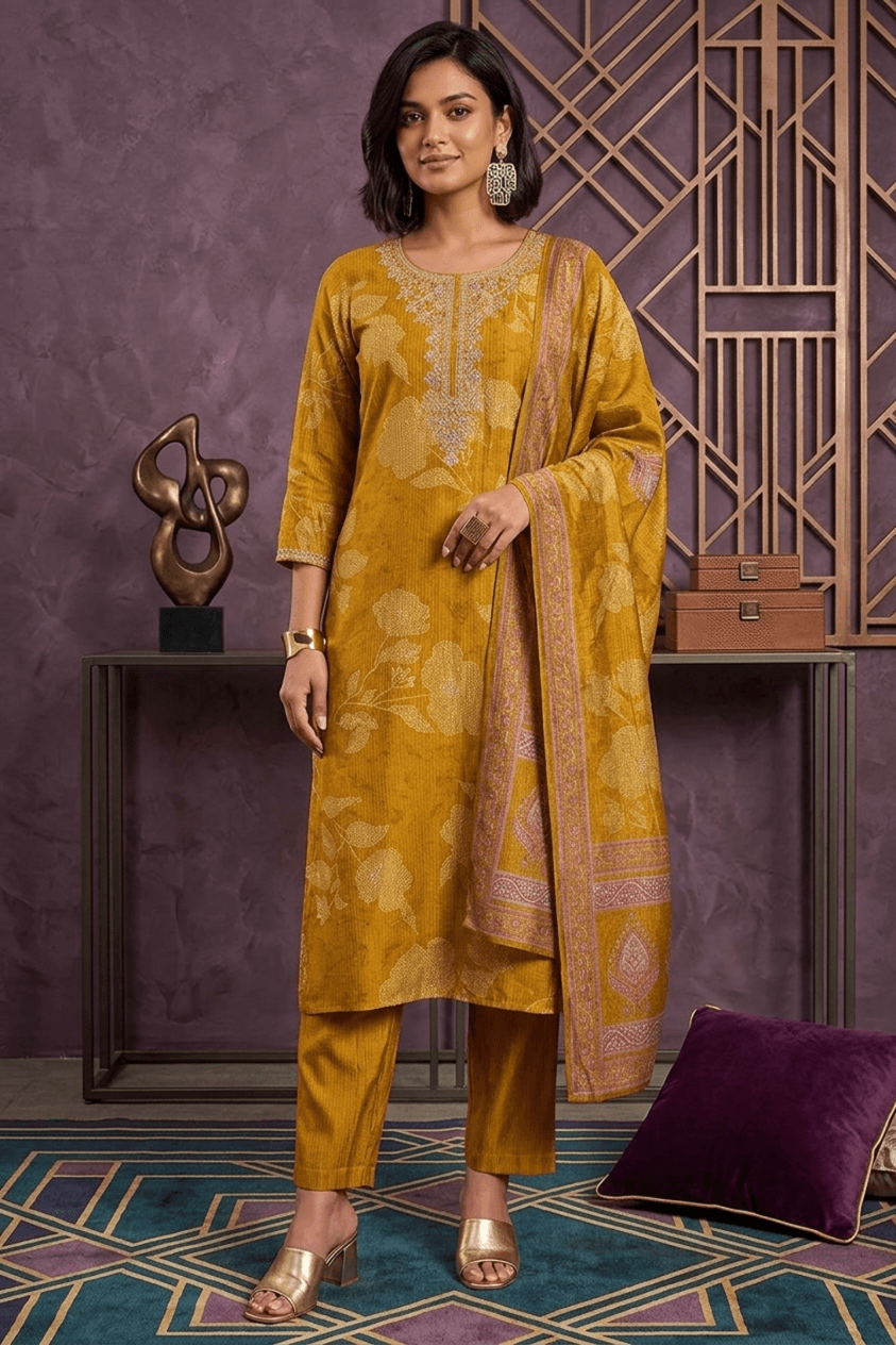 Mustard Yellow Floral Printed Silk Blend Straight Kurta Set with Trousers & Dupatta
