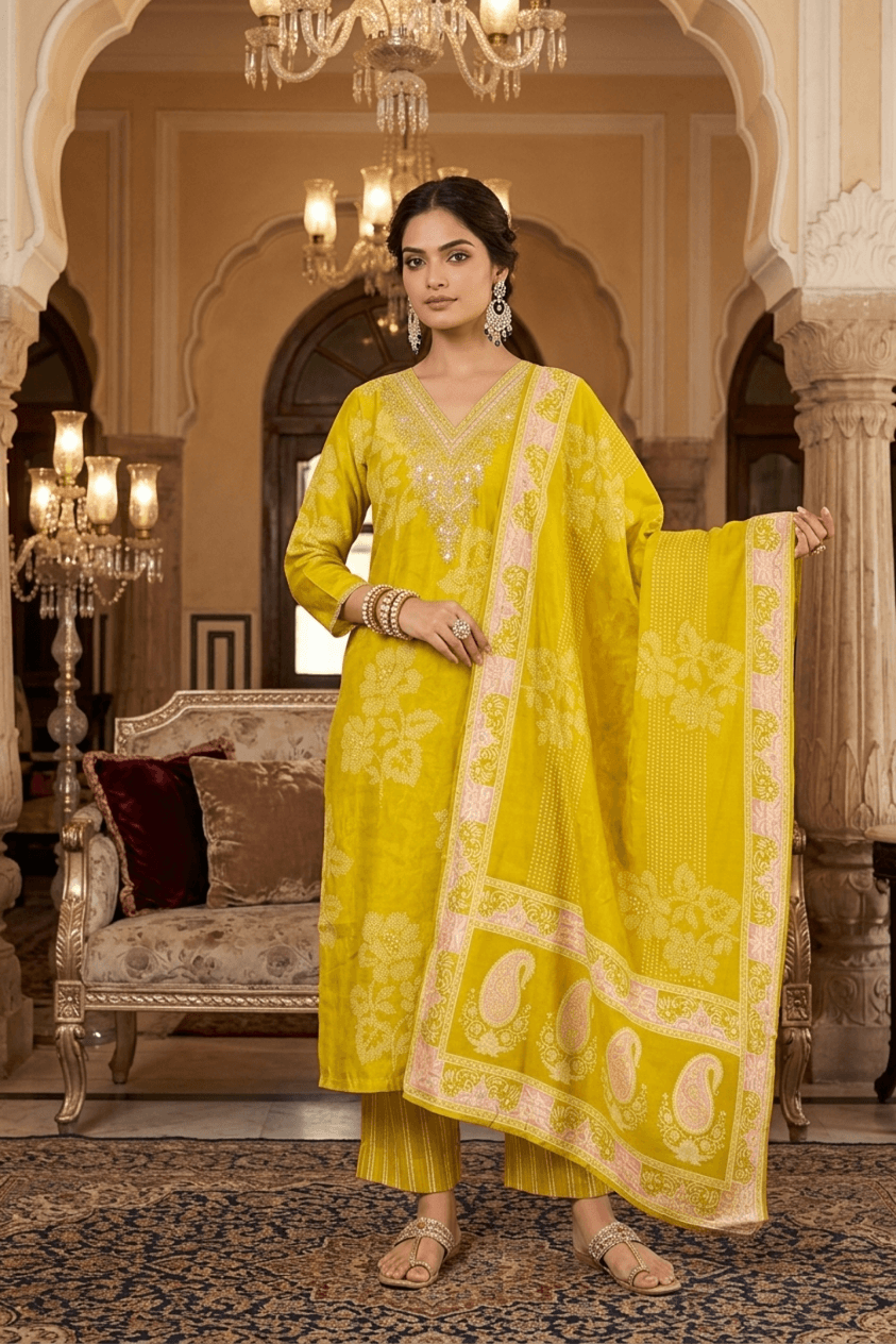 Golden Yellow Floral Embroidered Poly Chanderi Straight Kurta Set with Trousers & Dupatta