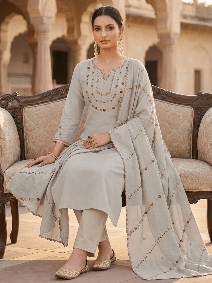 Off White Floral Embroidered Viscose Rayon Straight Kurta Set with Trousers & Dupatta