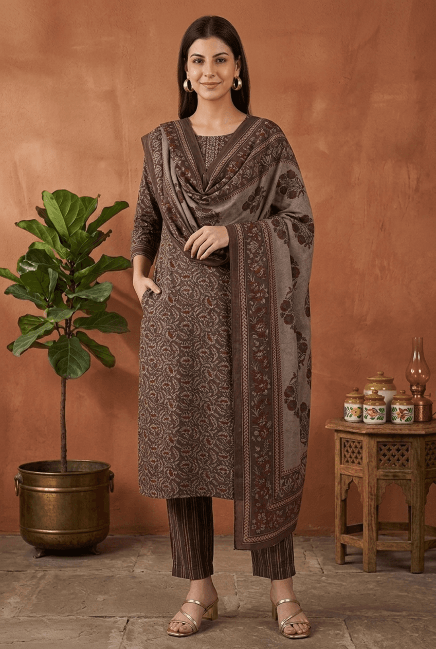 Slate Grey Ethnic Motif Embroidered Polyrayon Straight Kurta Set with Trousers & Dupatta