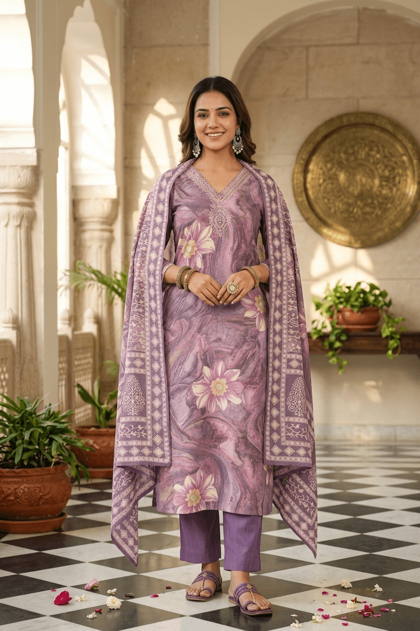 Lavender Floral Printed Viscose Rayon Straight Kurta Set with Trousers & Dupatta
