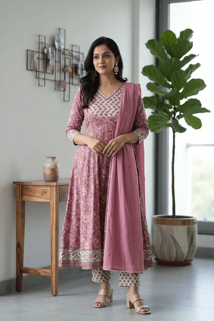 Dusty Rose Floral Print Cotton Anarkali Suit Set with Printed Pants & Dupatta – Cotton Kurti Sets by Vastraki