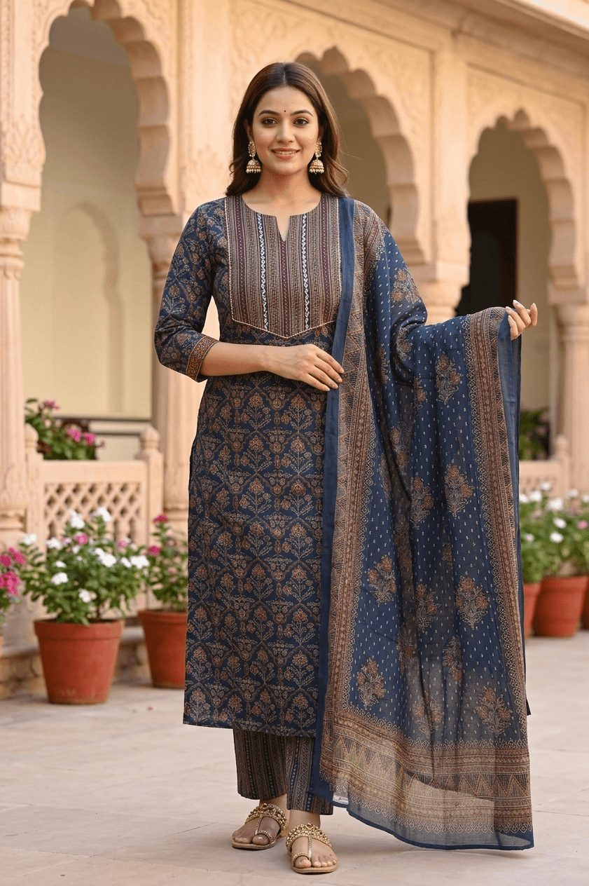 Navy Blue Ajrakh Print Cotton Suit Set with Embroidered Yoke & Dupatta – Cotton Kurti Sets by Vastraki