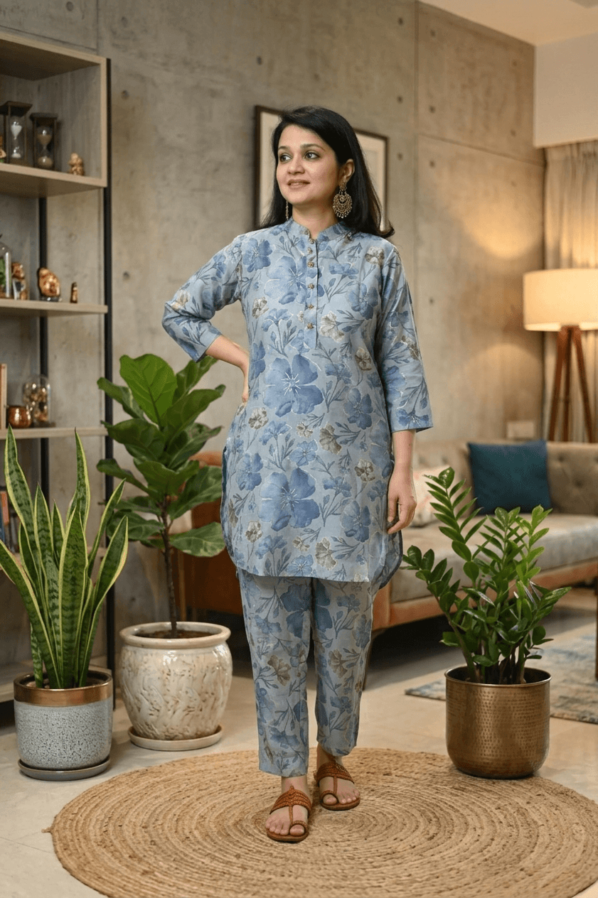 Cloud Blue Floral Muslin Silk Co-ord Set