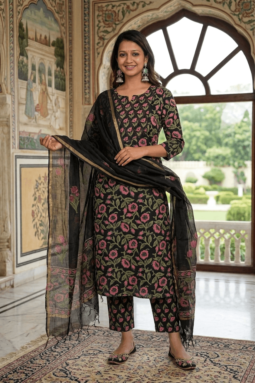 Black Floral Handblock Print Cotton Straight Suit Set with Dupatta – Cotton Kurti Sets by Vastraki
