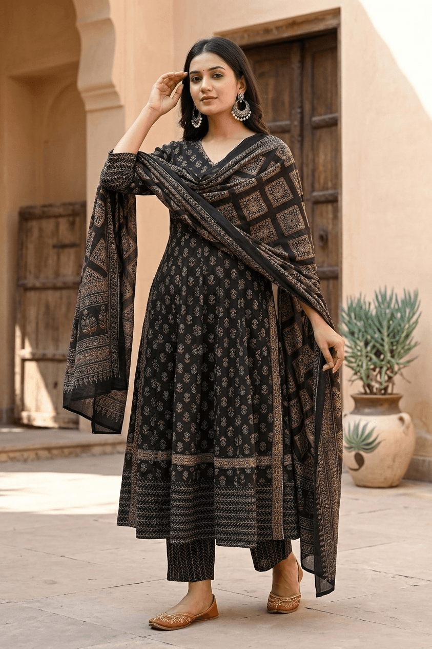 Charcoal Black Ajrakh Print Cotton Anarkali Suit Set with Printed Pants & Mulmul Dupatta