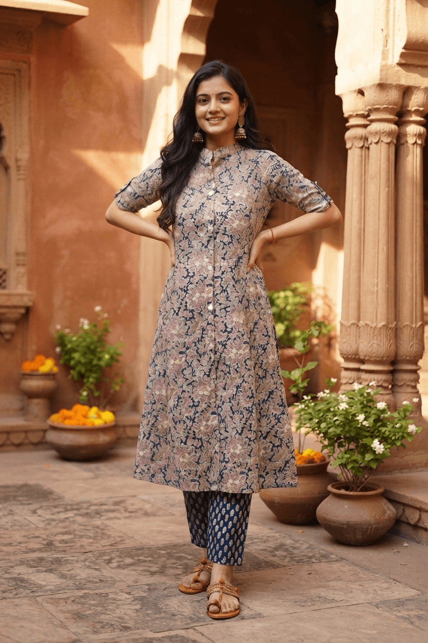 Cream Beige & Indigo Floral Print A-Line Cotton Kurta Pant Set