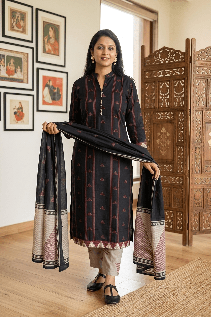 Black Printed Cotton Straight Suit Set with Coordinated Pants & Dupatta