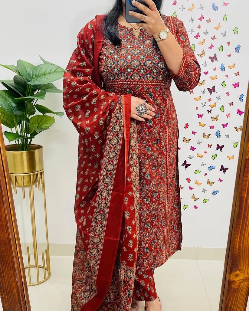 Rust Red Ethnic Printed Pure Cotton Kurta Set with Dupatta