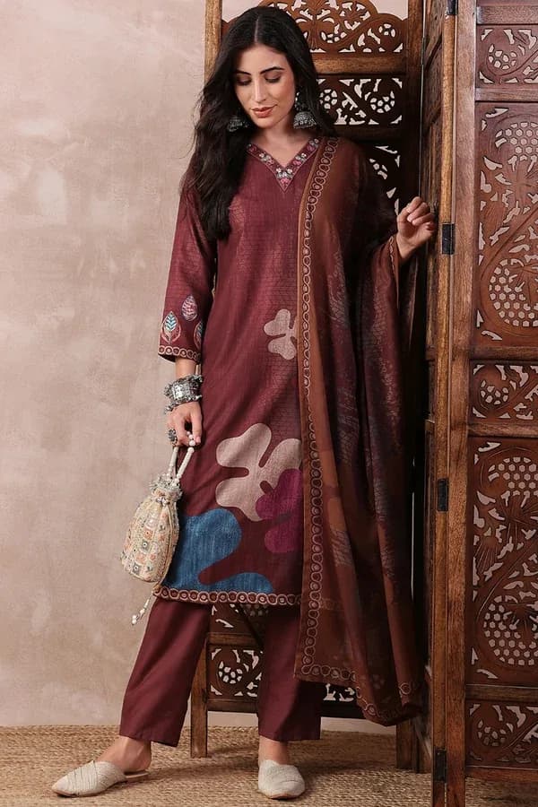 Brown Rayon Blend Floral Printed Straight Trouser Suit Set – Rayon Kurti Sets by Vastraki