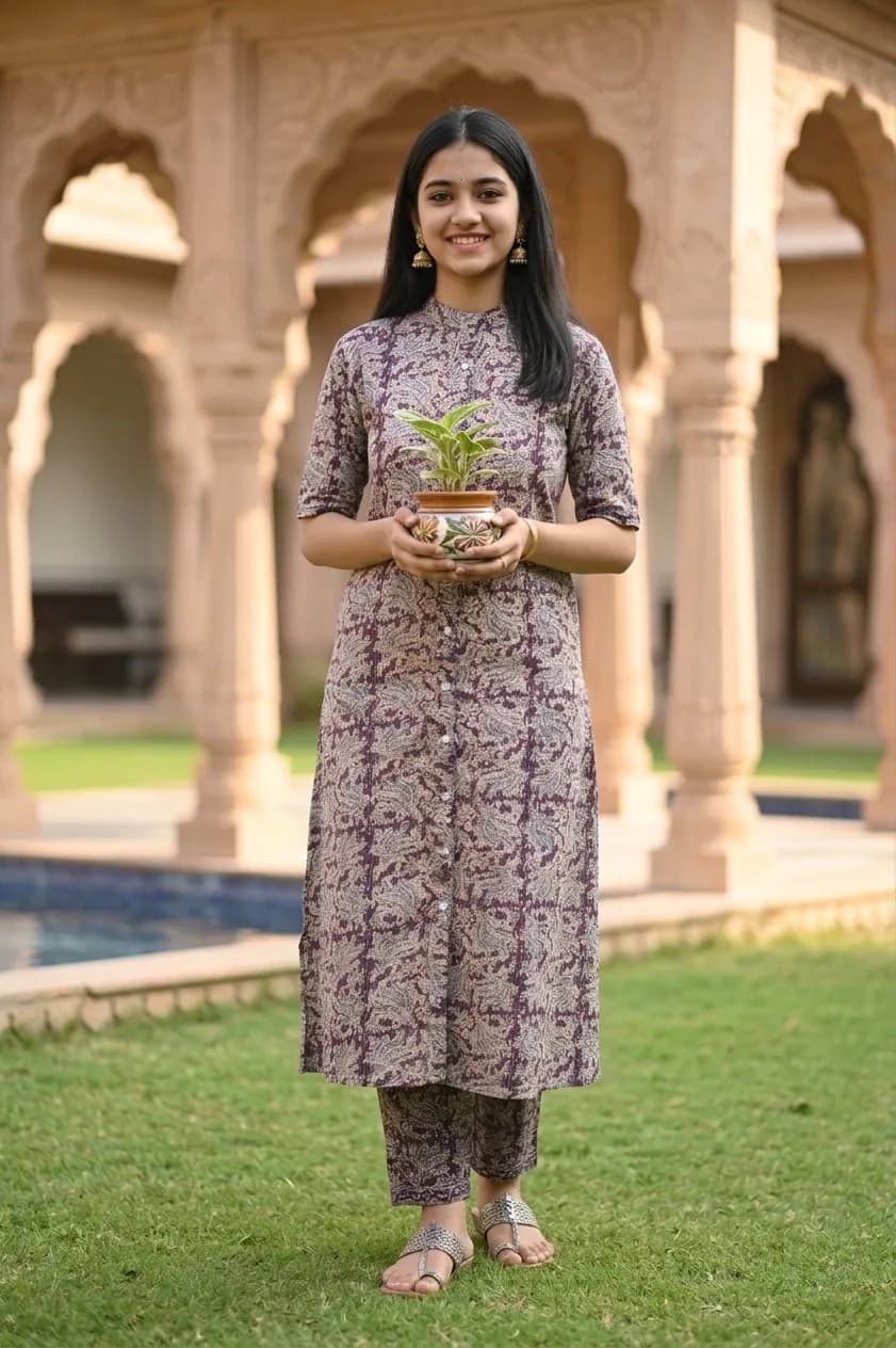 Deep Plum Floral Geometric Printed Katha Cotton A-Line Co-ord Set – Cotton Co-ord sets by Vastraki