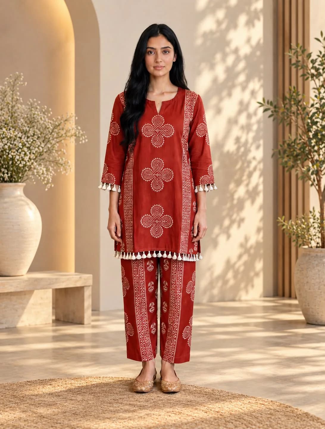 Rust Red Ethnic Motif Printed Cotton Co-ord Set Co-ord sets by Vastraki
