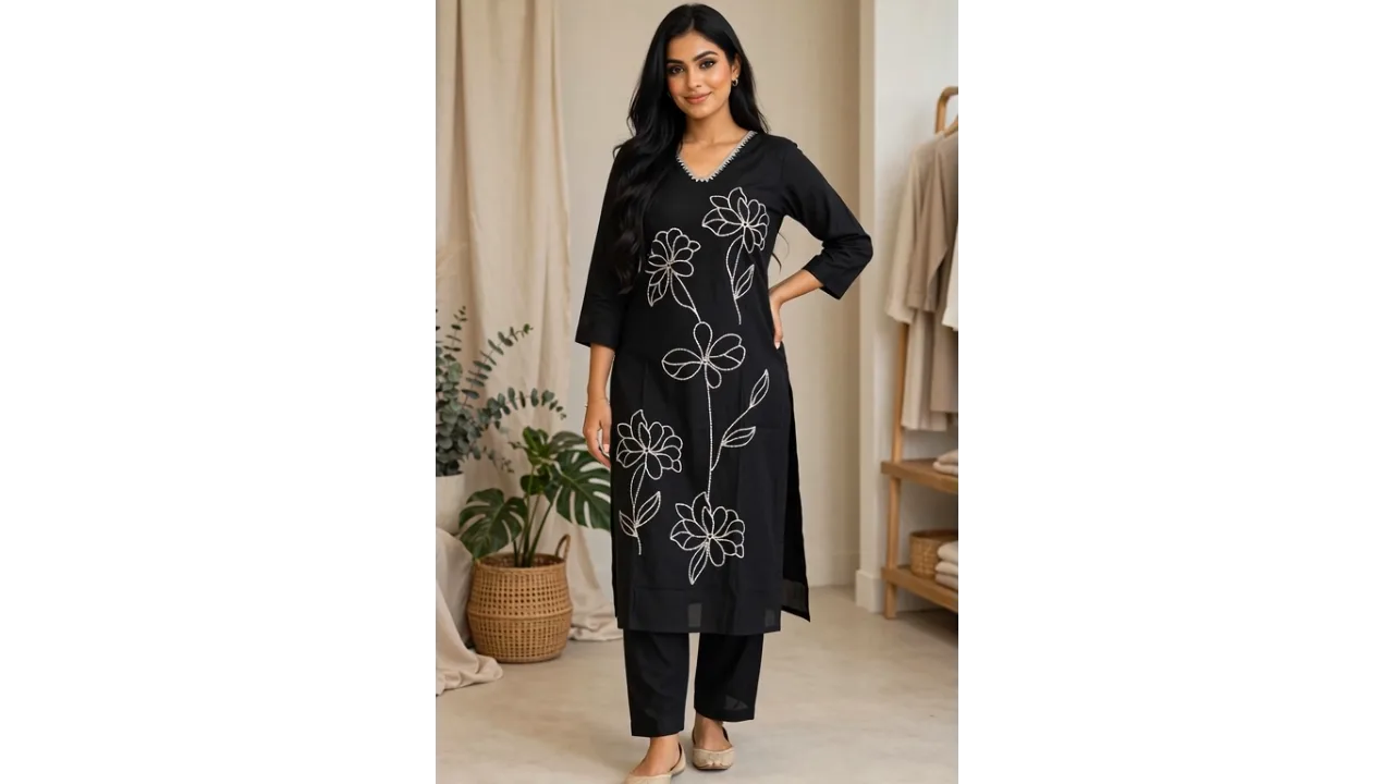 Black Floral Embroidered Co-ord Set – Cotton Co-ord sets by Vastraki