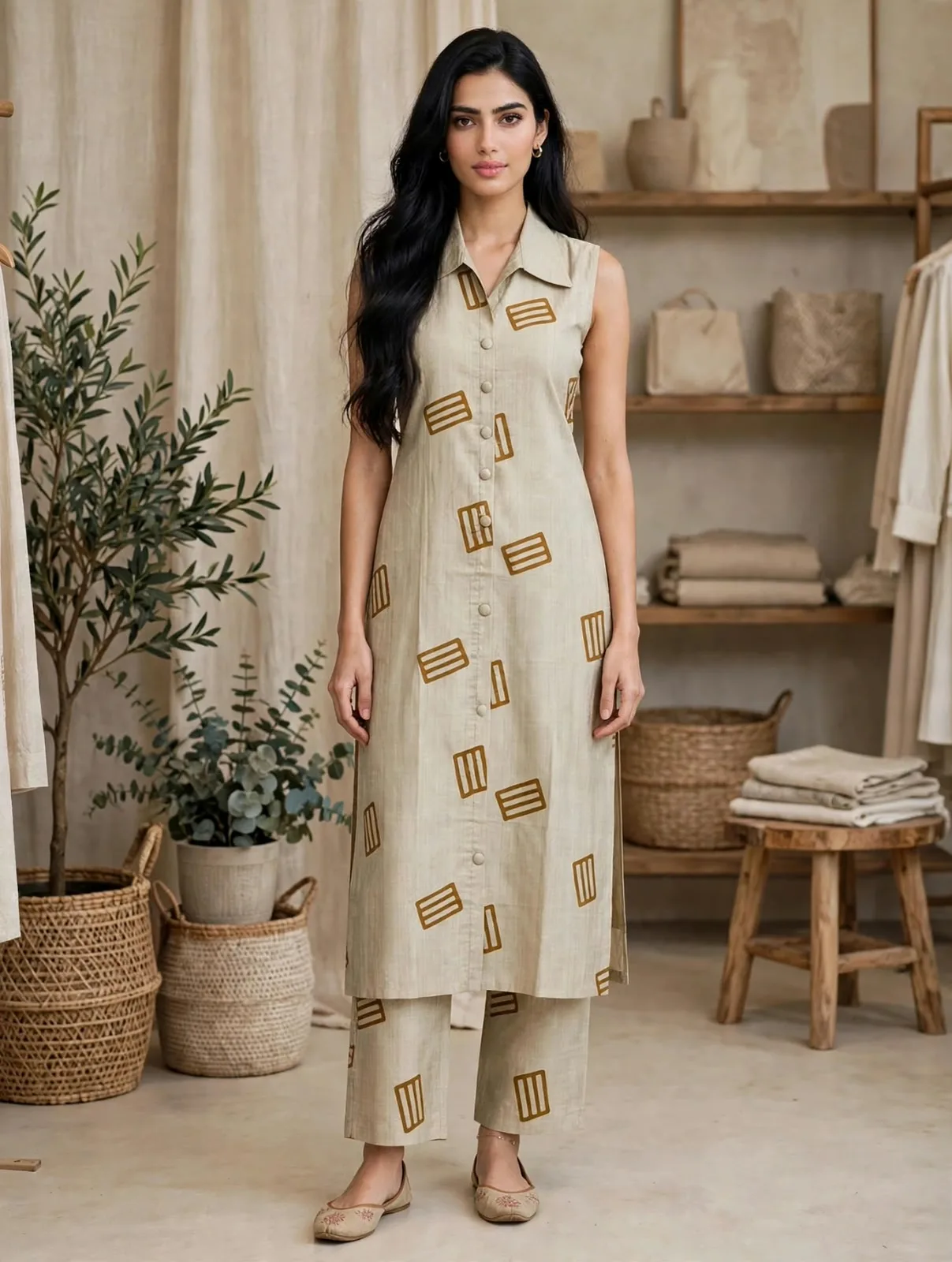 Ivory Geometric Printed Co-ord Set with Detachable Sleeves Co-ord sets by Vastraki