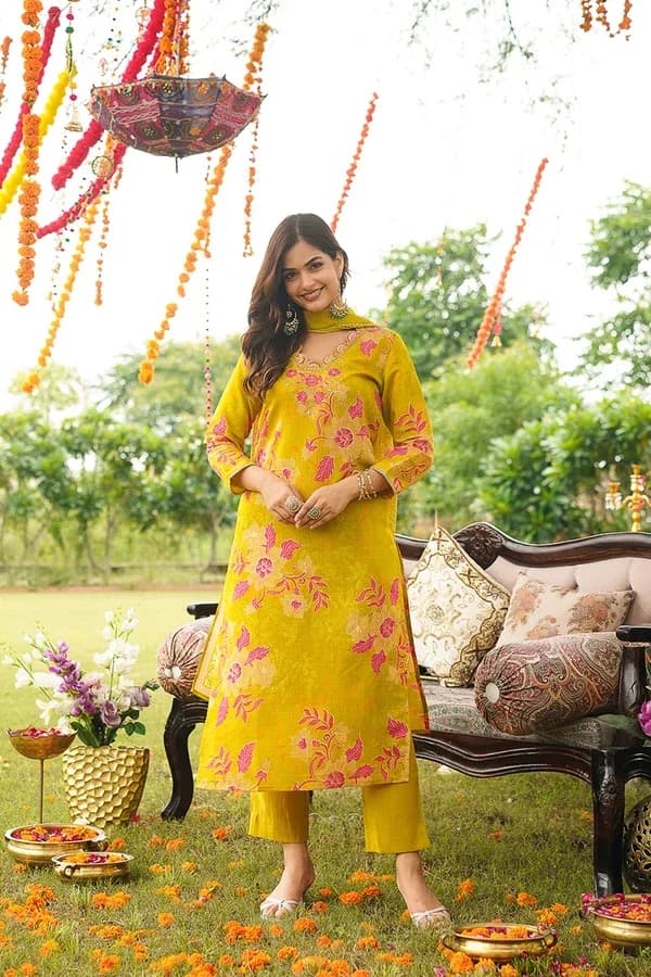 Golden Yellow Floral Print Rayon Blend Straight Kurta Set with Dupatta – Rayon Kurti Sets by Vastraki