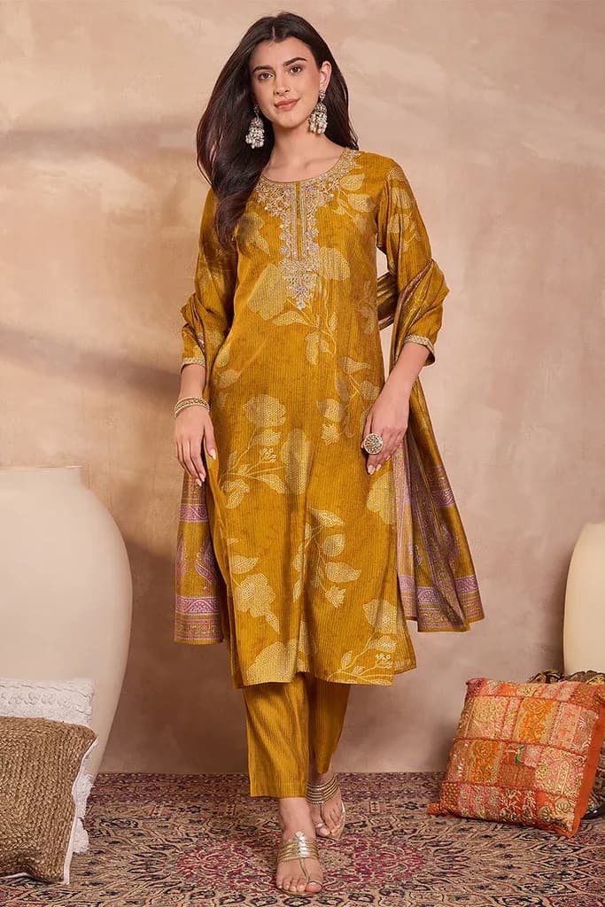 Mustard Yellow Floral Printed Silk Blend Straight Kurta Set with Trousers & Dupatta
