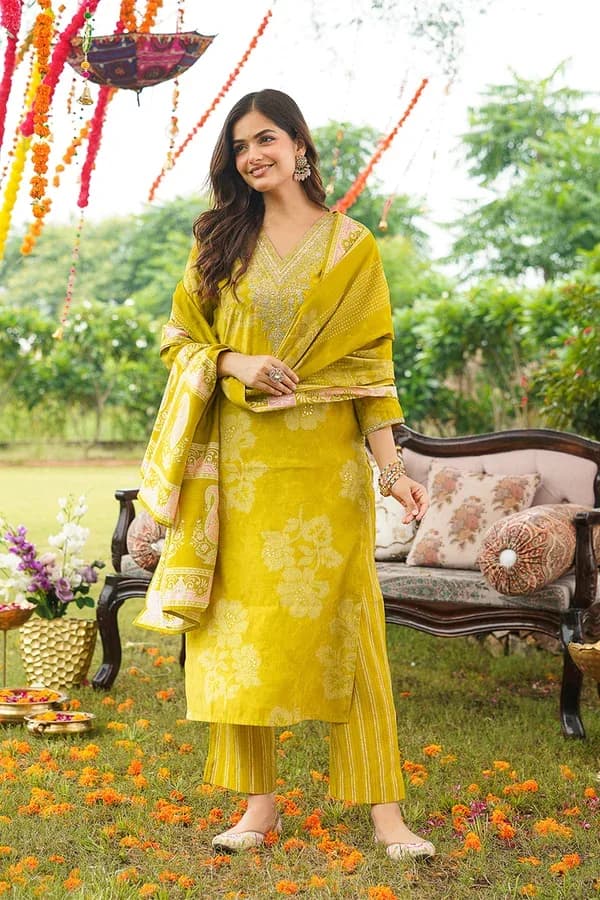Golden Yellow Floral Embroidered Poly Chanderi Straight Kurta Set with Trousers & Dupatta