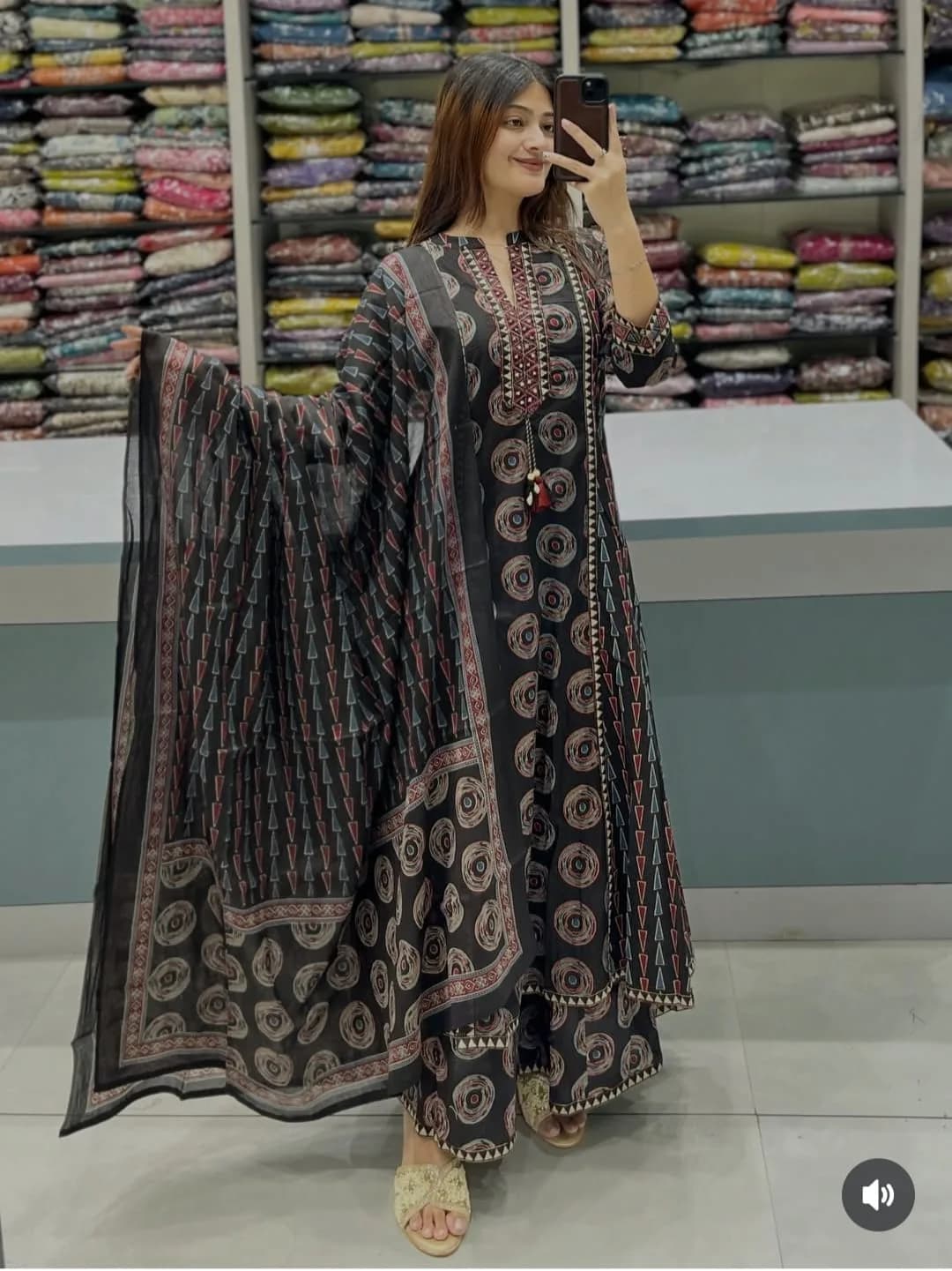 Black Traditional Printed Straight Kurta Set with Trousers & Dupatta – Cotton Kurti Sets by Vastraki