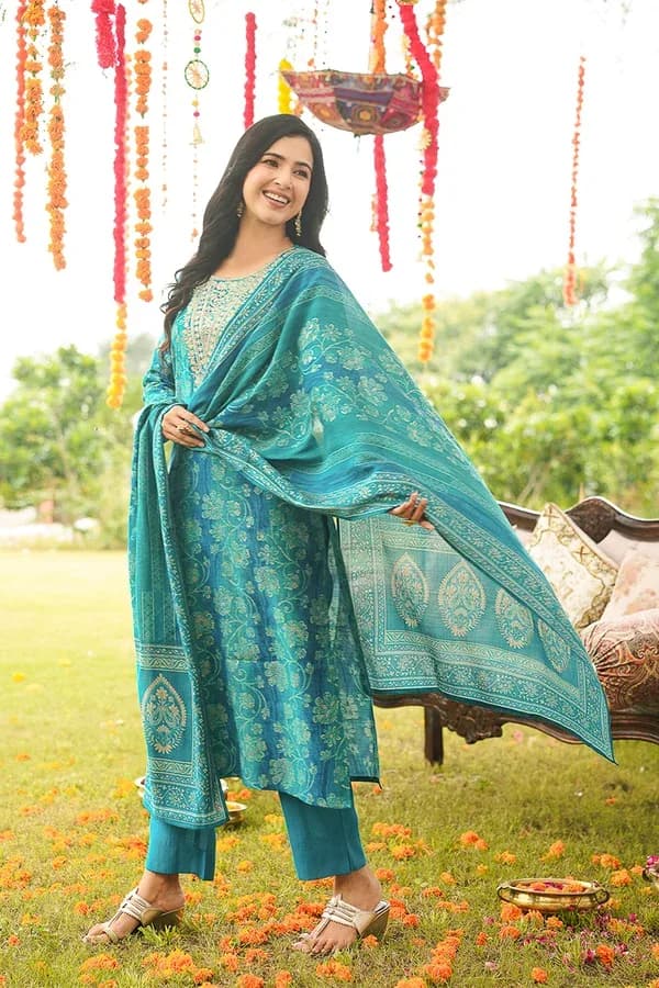 Deep Teal Floral Print Viscose Rayon Straight Kurta Set with Dupatta – Viscose Rayon Kurti Sets by Vastraki